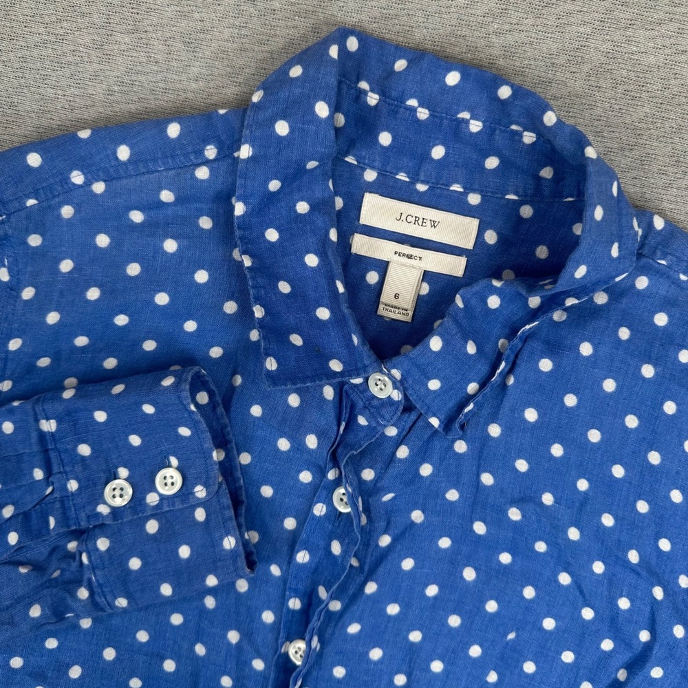 J.Crew‎ Perfect Shirt Womens 6 Blue White Polka Dot 100% Linen Button Down